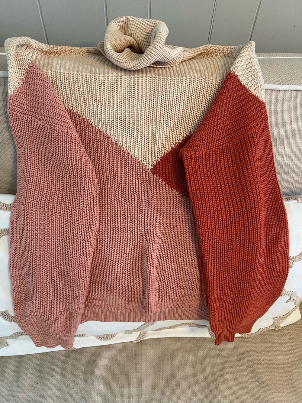 Colorblock Turtleneck Sweater in Cream, Blush, and Rust